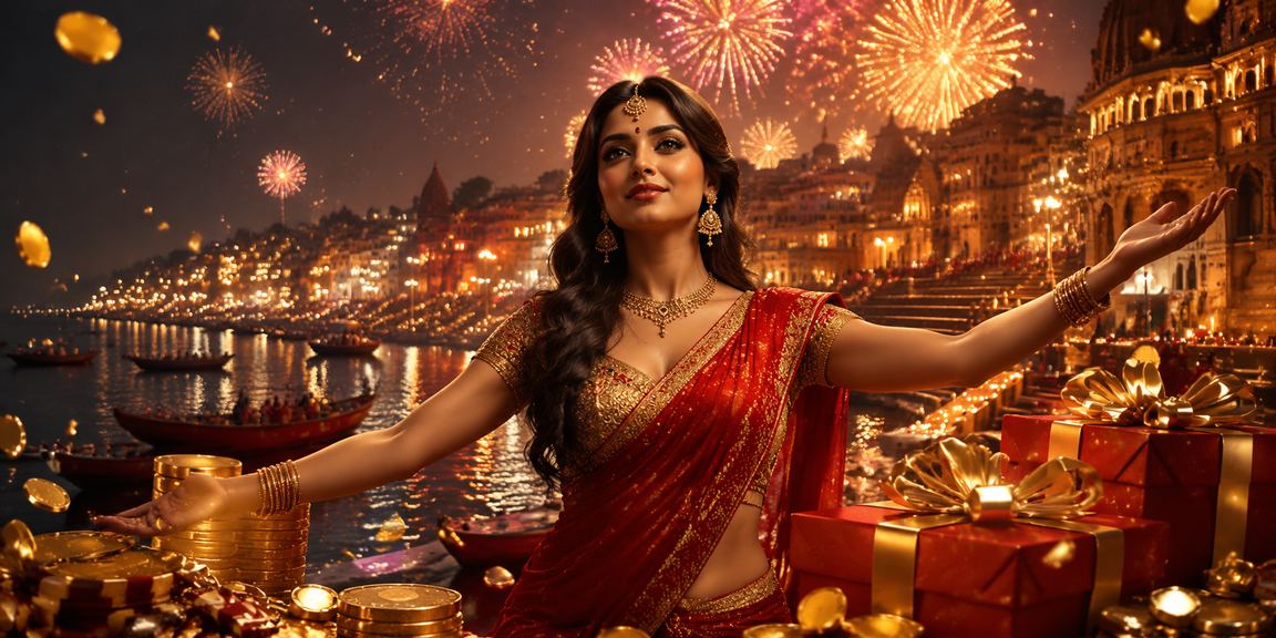 Evening view of riverside ghat with casino app theme in Varanasi